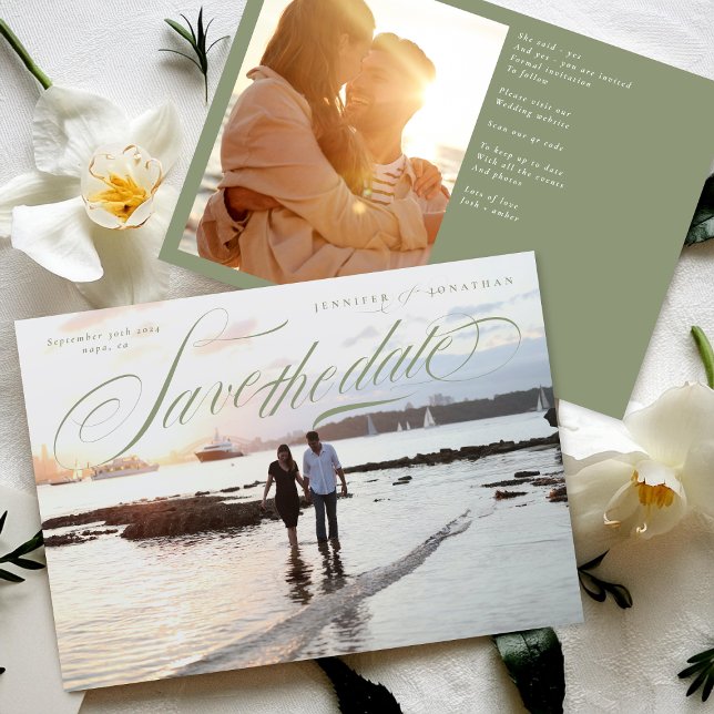 Green Calligraphy Classic QR Code Two Photo Save The Date (Creator Uploaded)