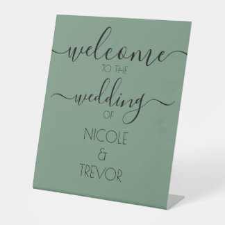 Green Calligraphy Custom Wedding Welcome Pedestal Sign
