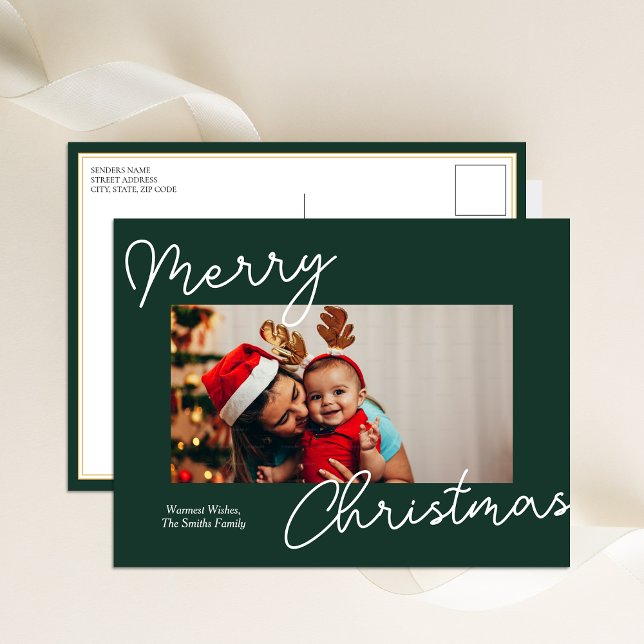 Green Calligraphy Merry Christmas Modern Photo Holiday Postcard (Creator Uploaded)