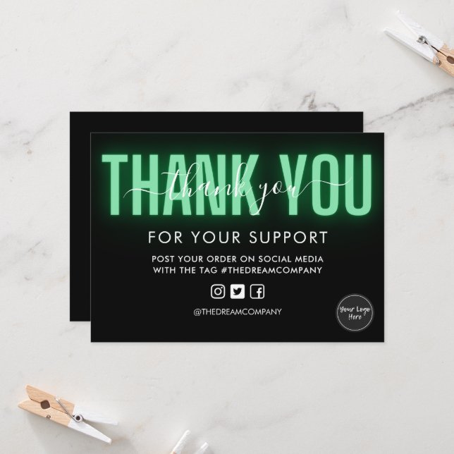  Green Calligraphy Neon Thank You Media Insert Invitation (Front/Back In Situ)