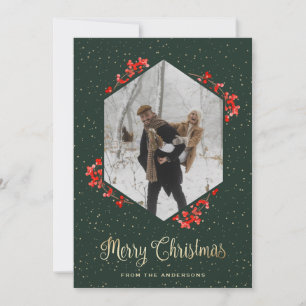Green Calligraphy Red Berries Snow Photo Christmas Holiday Card