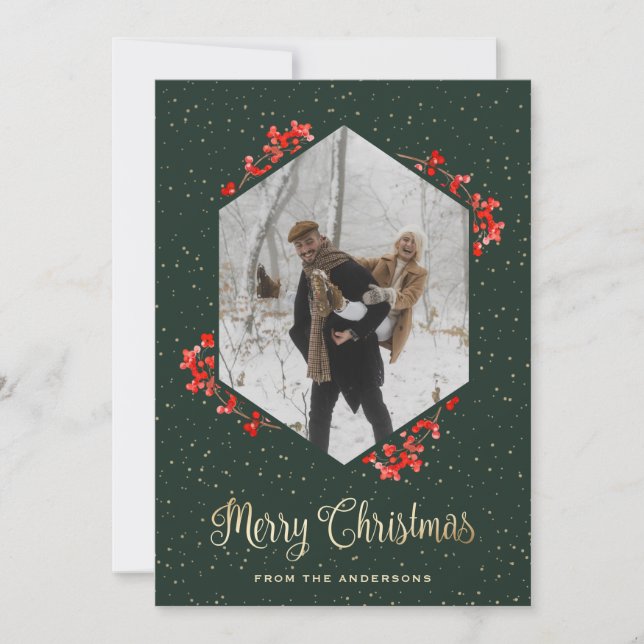 Green Calligraphy Red Berries Snow Photo Christmas Holiday Card (Front)