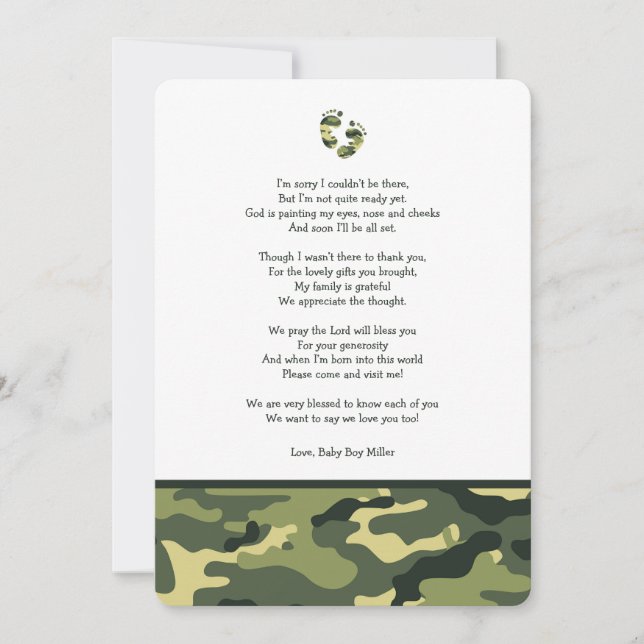 Green Camo baby shower thank you note with poem (Front)