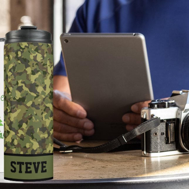 Green Camo Cool Rugged Name Personalised Coffee Thermal Tumbler (Camo coffee tumbler)