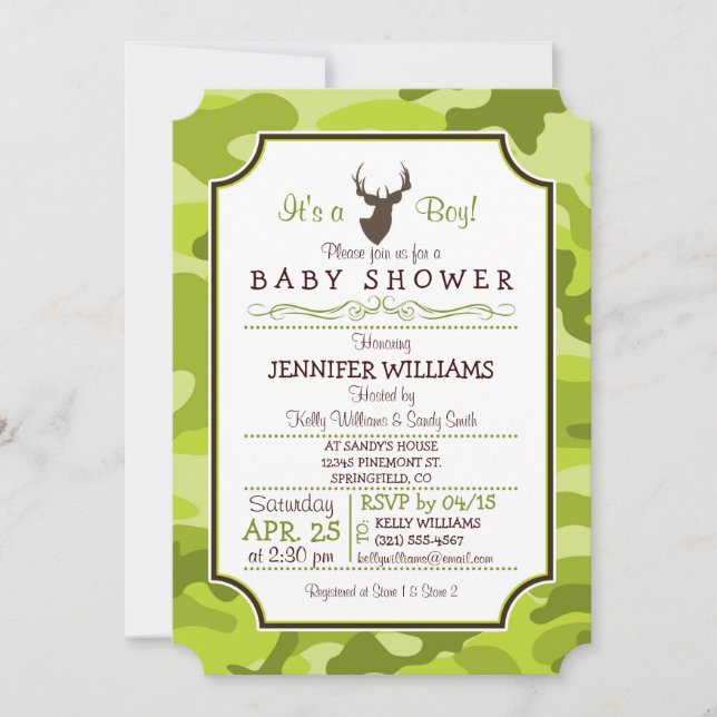 Green Camo, Deer; Boy Baby Shower Invitation (Front)