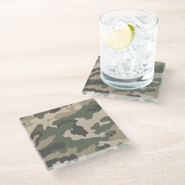 Green Camo Pattern Glass Coaster (Angled)