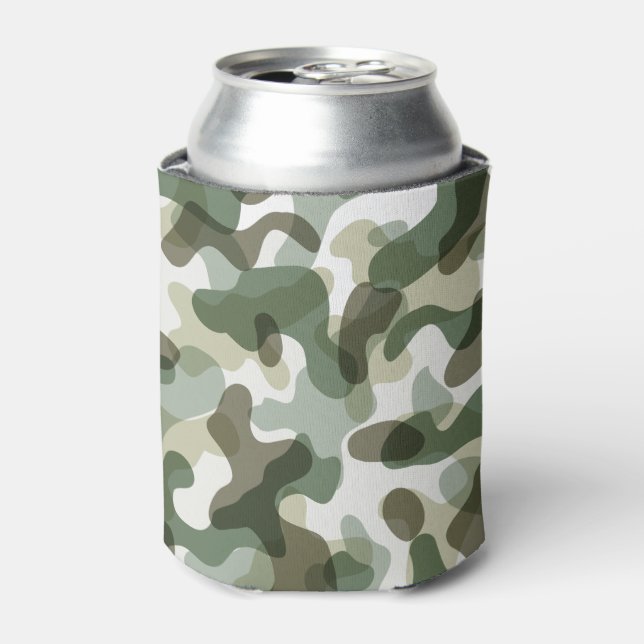 Green Camo pattern in earth tones with brown Can Cooler (Can Front)