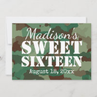 Green Camo Sweet Sixteen Party Invitations