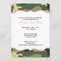Green Camo with Light Pink Birthday Party Invite
