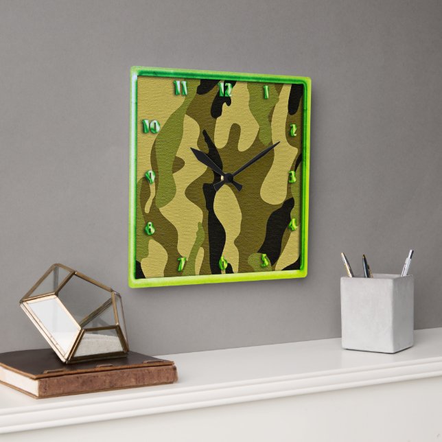 Green camouflage army texture square wall clock (Office)
