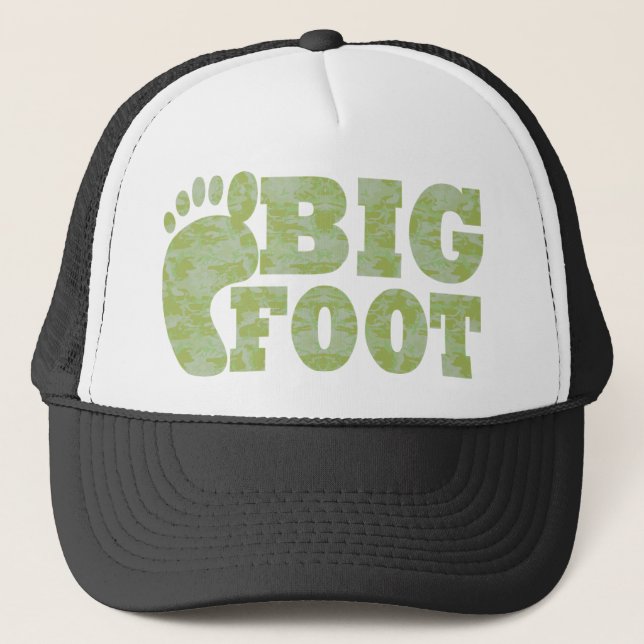 Green camouflage Bigfoot text Trucker Hat (Front)