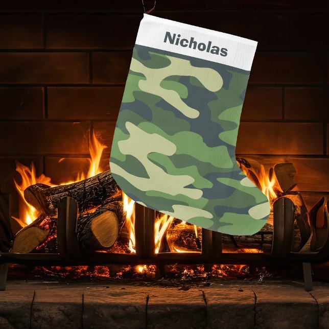 Green Camouflage Hunter Neutral Pattern Monogram Large Christmas Stocking (Creator Uploaded)