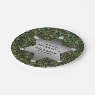 Green Camouflage Pattern Sheriff Badge Birthday Paper Plate
