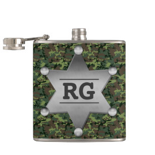 Green Camouflage Pattern Sheriff Badge Monogram Hip Flask