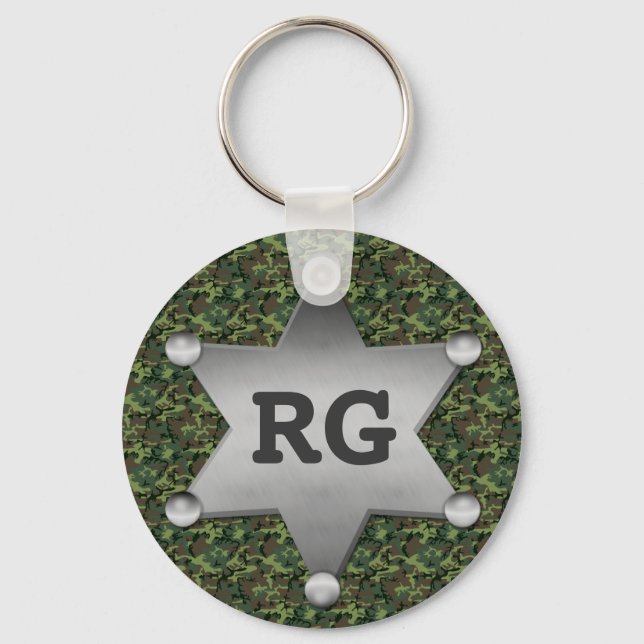 Green Camouflage Pattern Sheriff Badge Monogram Key Ring (Front)