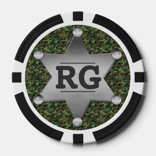 Green Camouflage Pattern Sheriff Badge Monogram Poker Chips (Front)