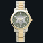 Green Camouflage Pattern Sheriff Badge Monogram Watch<br><div class="desc">This customisable camo pattern design has a metal sheriff badge with space for you to add your monogram / initials or other text. The camouflage is in shades of green and brown. It's a great design for a person in the military, a veteran, a woman or man in law enforcement,...</div>