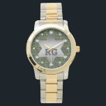 Green Camouflage Pattern Sheriff Badge Monogram Watch<br><div class="desc">This customisable camo pattern design has a metal sheriff badge with space for you to add your monogram / initials or other text. The camouflage is in shades of green and brown. It's a great design for a person in the military, a veteran, a woman or man in law enforcement,...</div>