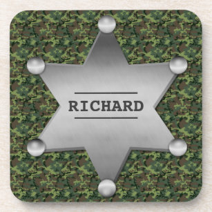 Green Camouflage Pattern Sheriff Name Badge Coaster