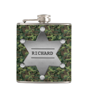 Green Camouflage Pattern Sheriff Name Badge Hip Flask