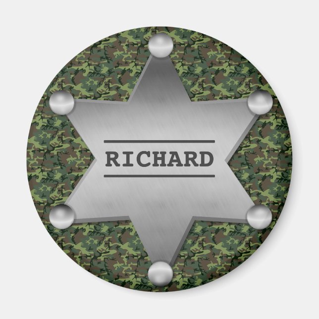 Green Camouflage Pattern Sheriff Name Badge Magnet (Front)
