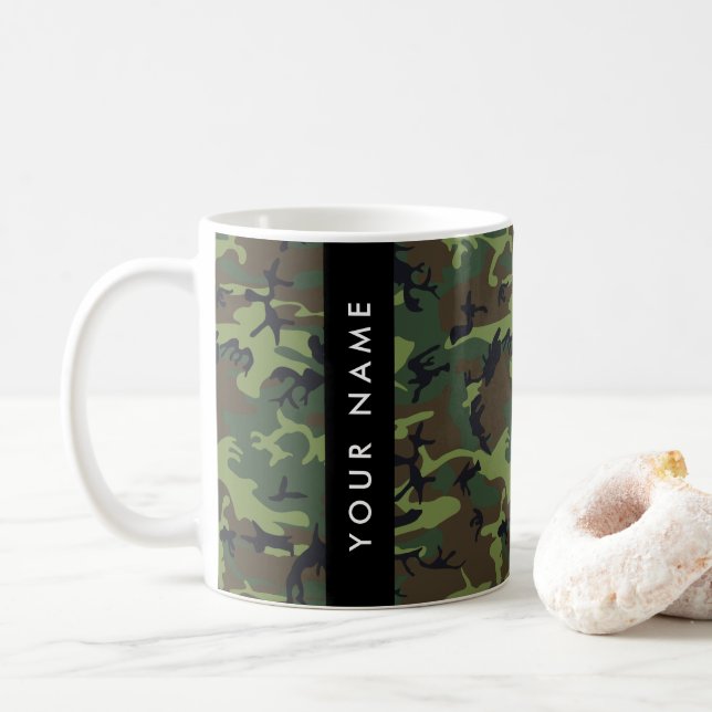 Green Camouflage Pattern, Your name, Personalise Coffee Mug (With Donut)