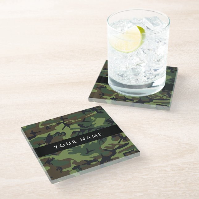 Green Camouflage Pattern, Your name, Personalise Glass Coaster (Angled)