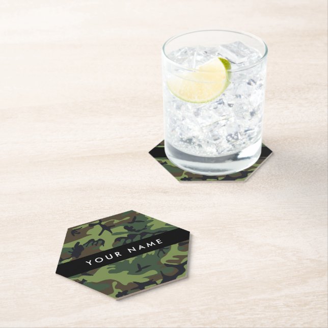 Green Camouflage Pattern, Your name, Personalise Paper Coaster (Insitu)