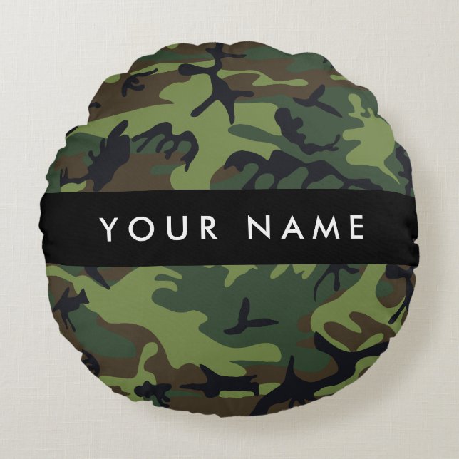 Green Camouflage Pattern, Your name, Personalise Round Cushion (Front)