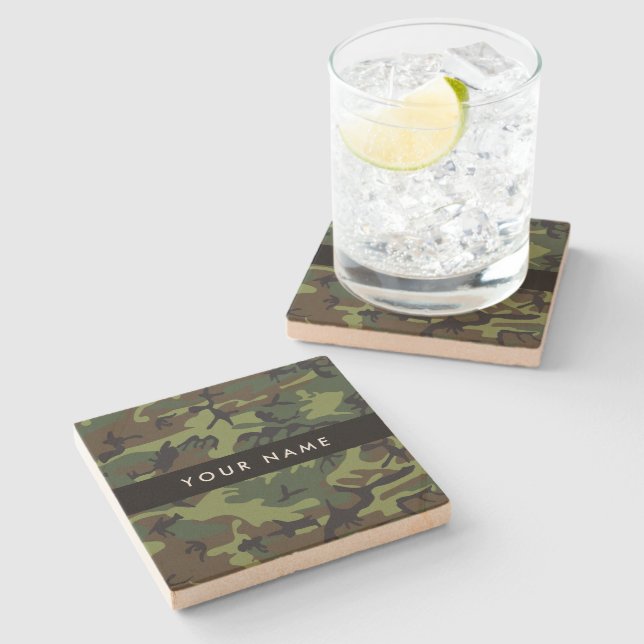 Green Camouflage Pattern, Your name, Personalise Stone Coaster (Side)