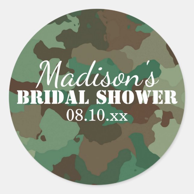 Green Camouflage Personalised Bridal Shower Classic Round Sticker (Front)