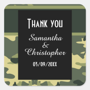 Green camouflage wedding thank you square sticker
