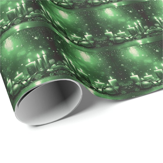 Green Candles Christmas Holiday Wrapping Paper (Roll Corner)