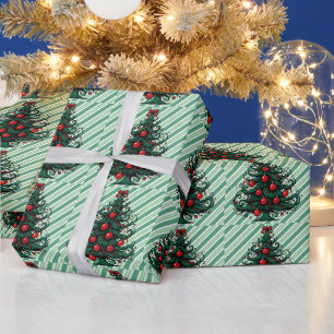 Green Candy Cane Stripes Christmas Trees Wrapping Paper