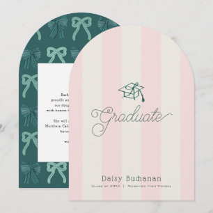 Green Cap Pink Stripes Bow Graduation Announcement