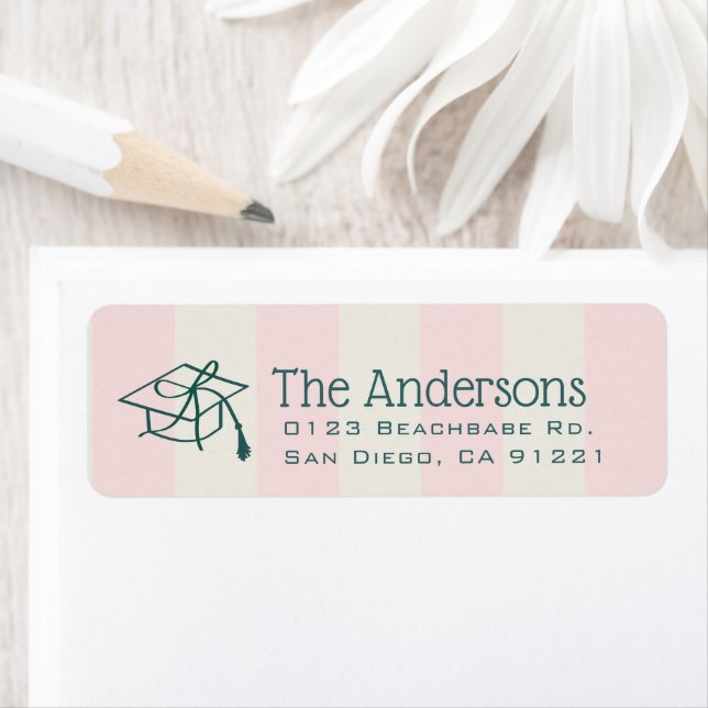 Green Cap Pink Stripes Bow Graduation Return Address Label (Insitu)