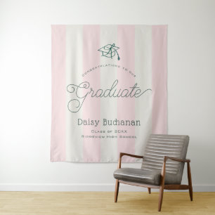 Green Cap & Pink Stripes Graduation Backdrop Prop Tapestry