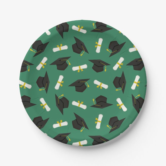 Green Caps Diplomas Pattern Graduation Party Paper Plate (Front)