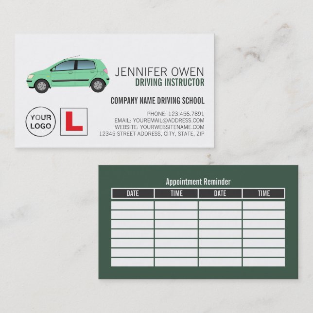 Green Car, Driving School/Instructor Appointment Business Card (Front/Back)