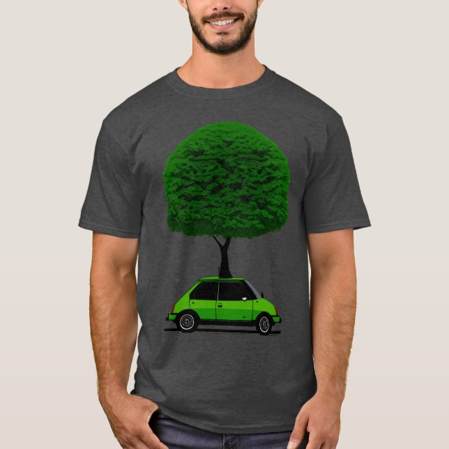 Green car with a large tree funny T-Shirt (Front)