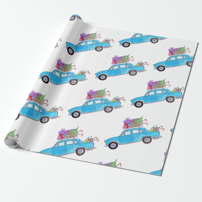 Green Car with Christmas Gifts Watercolor Wrapping Paper (Unrolled)
