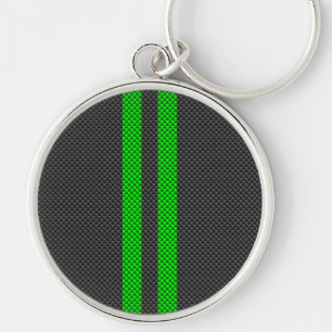 Green Carbon Fibre Style Racing Stripes Key Ring
