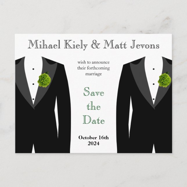 Green Carnation Gay Wedding Save the Date Postcard (Front)