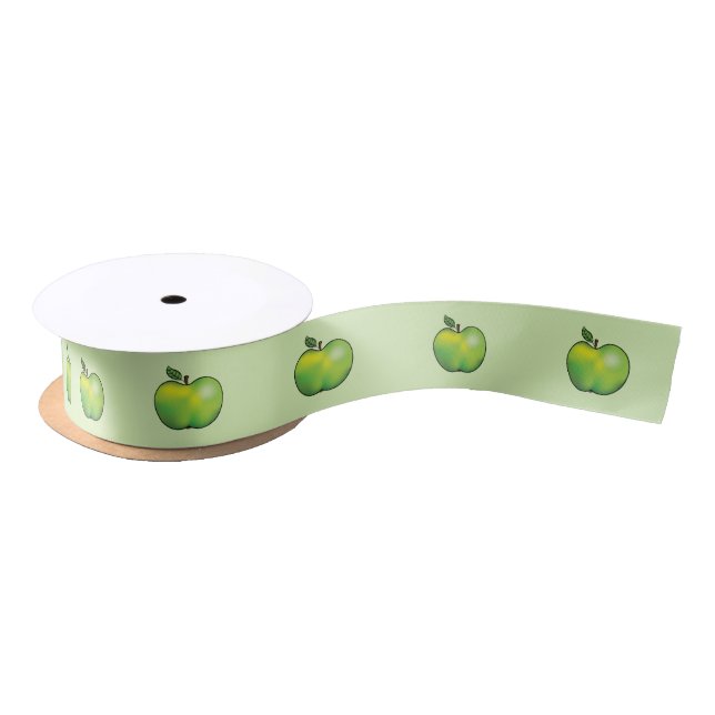 Green Cartoon Apple Fruit Illustration Satin Ribbon (Spool)
