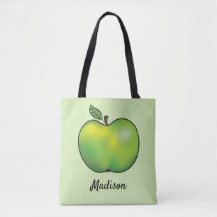 Green Cartoon Apple Fruit With Custom Name Tote Bag