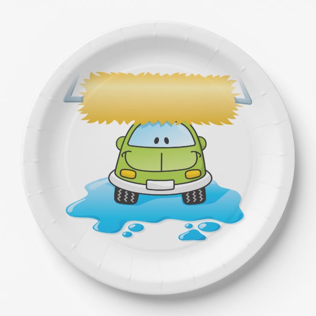 Green Cartoon Car Wash Happy Little Car Paper Plate (Front)