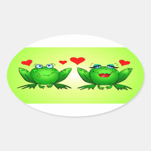 Green Cartoon Frogs Cute Red Love Hearts Oval Sticker