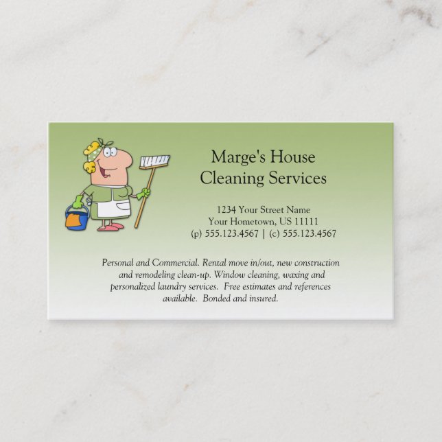 Green Cartoon Maid House Cleaning Customer Loyalty Card (Front)