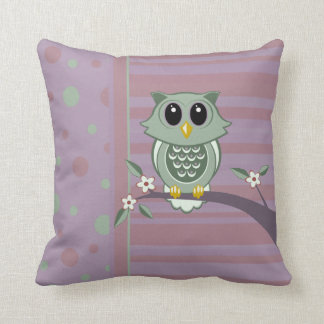 Green Cartoon Owl, polka dots and stripe pattern Cushion