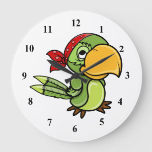 Green Cartoon Pirate Parrot Large Clock